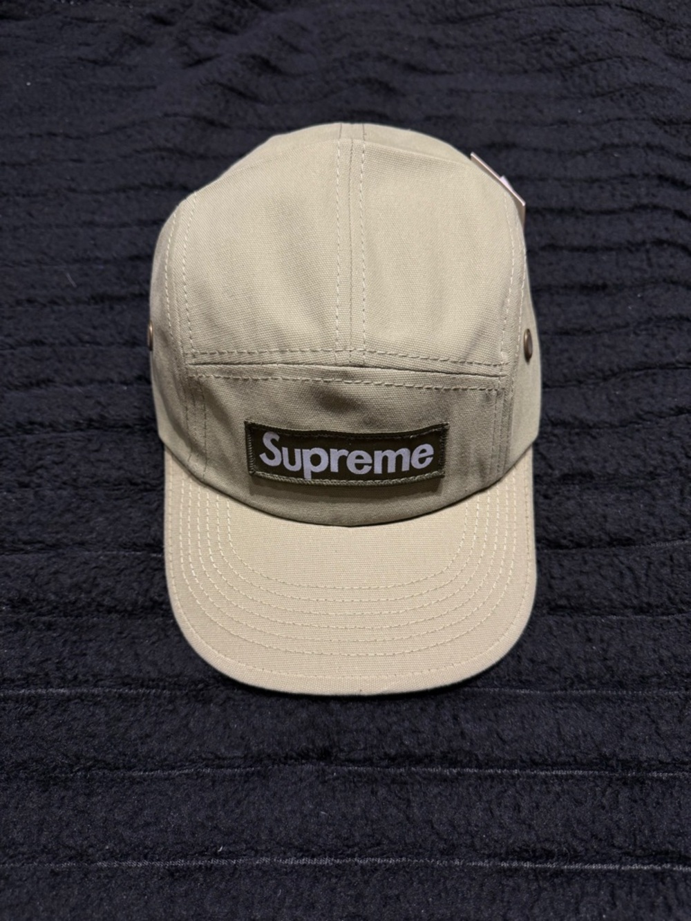 Supreme Olive Green 5-Panel Camp Cap with Black Strap Patch